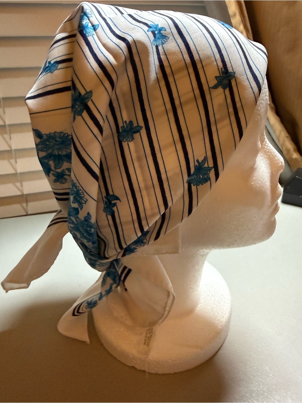 Silk-Look Blue Floral Stripe Headscarf for Women